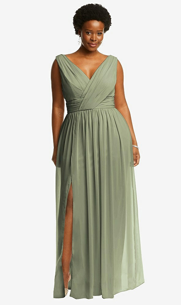 Front View - Sage Sleeveless Draped Chiffon Maxi Dress with Front Slit