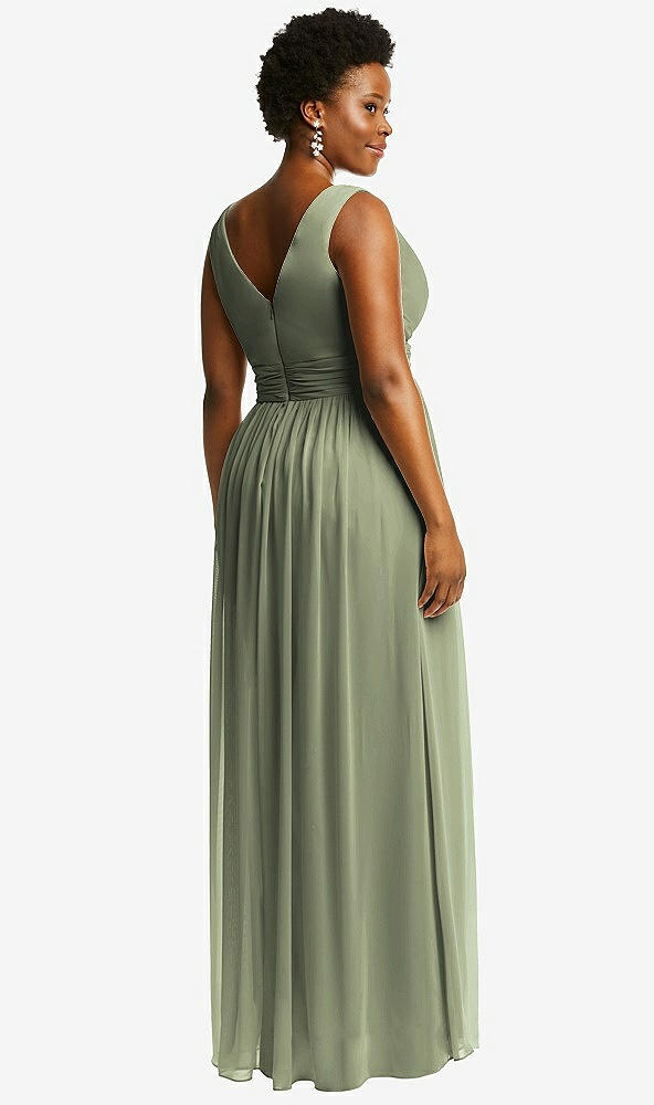 Back View - Sage Sleeveless Draped Chiffon Maxi Dress with Front Slit