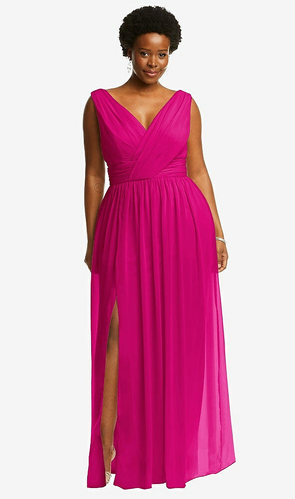 Front View - Think Pink Sleeveless Draped Chiffon Maxi Dress with Front Slit