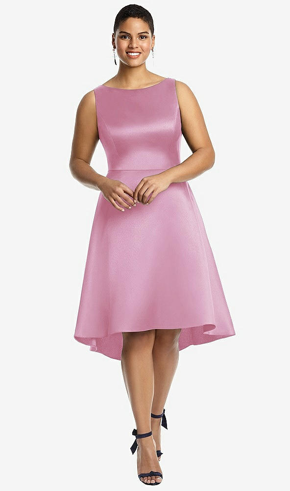 Front View - Powder Pink Bateau Neck Satin High Low Cocktail Dress