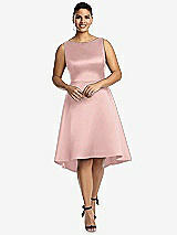 Front View Thumbnail - Rose - PANTONE Rose Quartz Bateau Neck Satin High Low Cocktail Dress