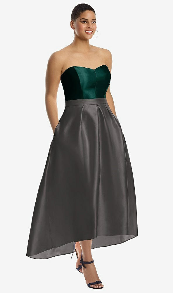 Front View - Caviar Gray & Evergreen Strapless Satin High Low Dress with Pockets