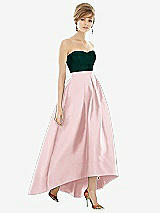 Alt View 1 Thumbnail - Ballet Pink & Evergreen Strapless Satin High Low Dress with Pockets