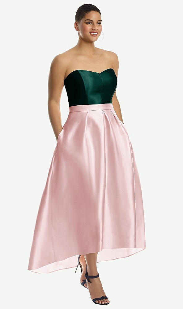 Front View - Ballet Pink & Evergreen Strapless Satin High Low Dress with Pockets