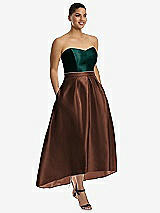 Front View Thumbnail - Cognac & Evergreen Strapless Satin High Low Dress with Pockets