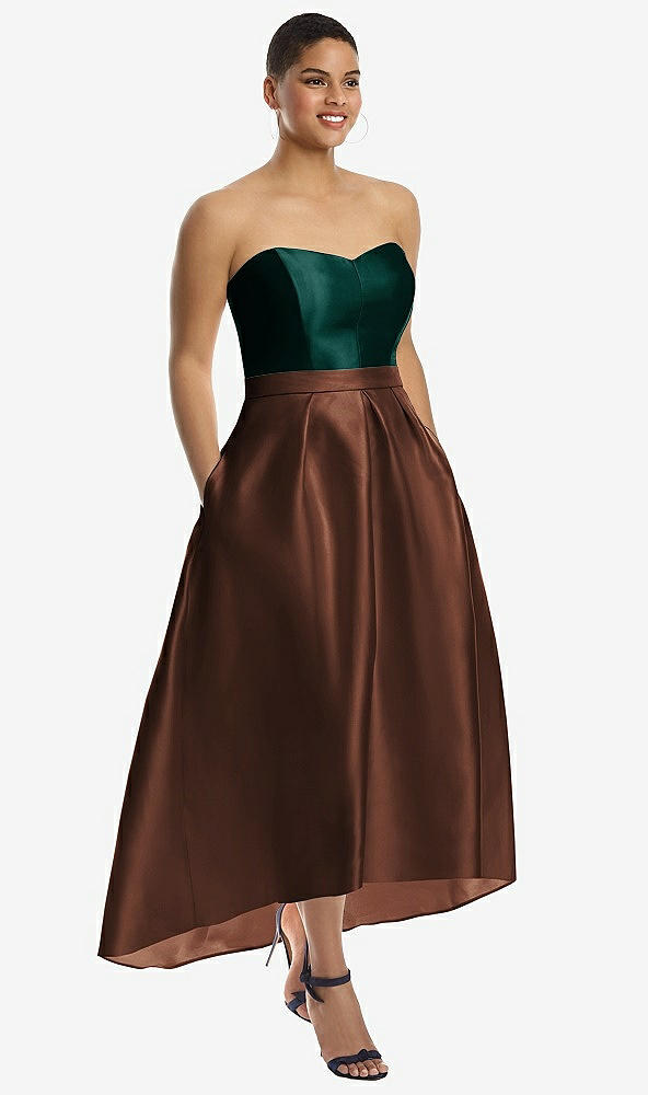 Front View - Cognac & Evergreen Strapless Satin High Low Dress with Pockets