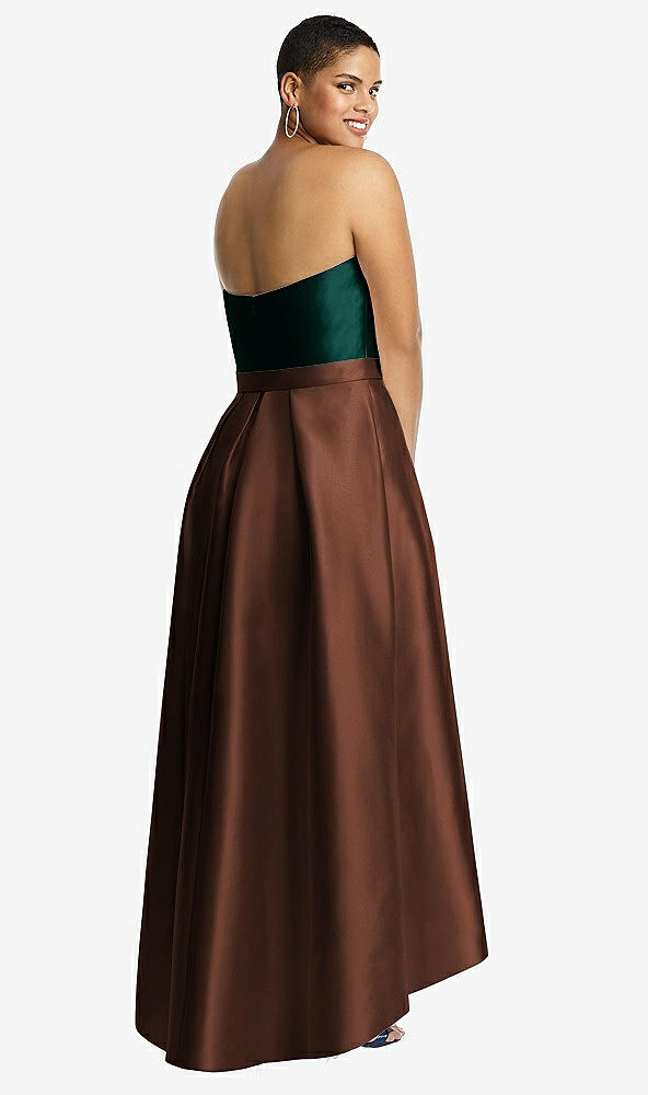 Back View - Cognac & Evergreen Strapless Satin High Low Dress with Pockets
