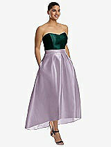 Front View Thumbnail - Lilac Haze & Evergreen Strapless Satin High Low Dress with Pockets