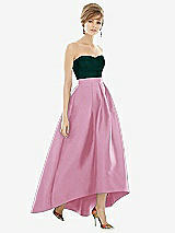 Alt View 1 Thumbnail - Powder Pink & Evergreen Strapless Satin High Low Dress with Pockets