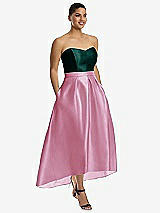 Front View Thumbnail - Powder Pink & Evergreen Strapless Satin High Low Dress with Pockets