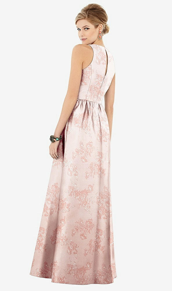 Back View - Bow And Blossom Print Sleeveless Closed-Back Floral Satin Maxi Dress with Pockets
