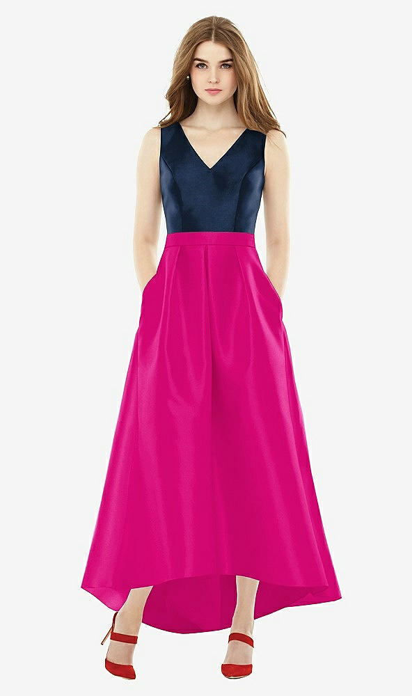 Front View - Think Pink & Midnight Navy Sleeveless Pleated Skirt High Low Dress with Pockets