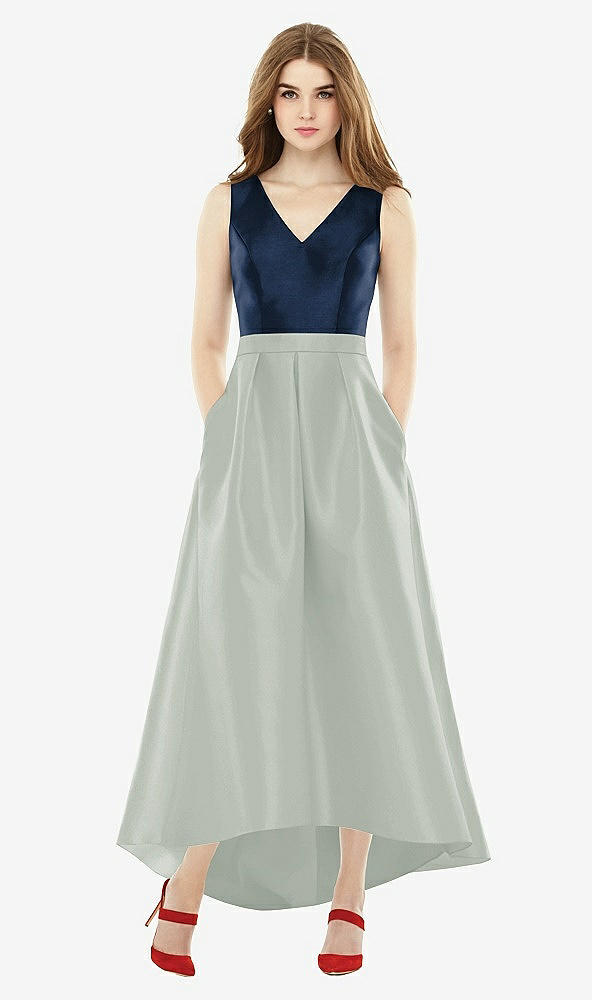 Front View - Willow Green & Midnight Navy Sleeveless Pleated Skirt High Low Dress with Pockets
