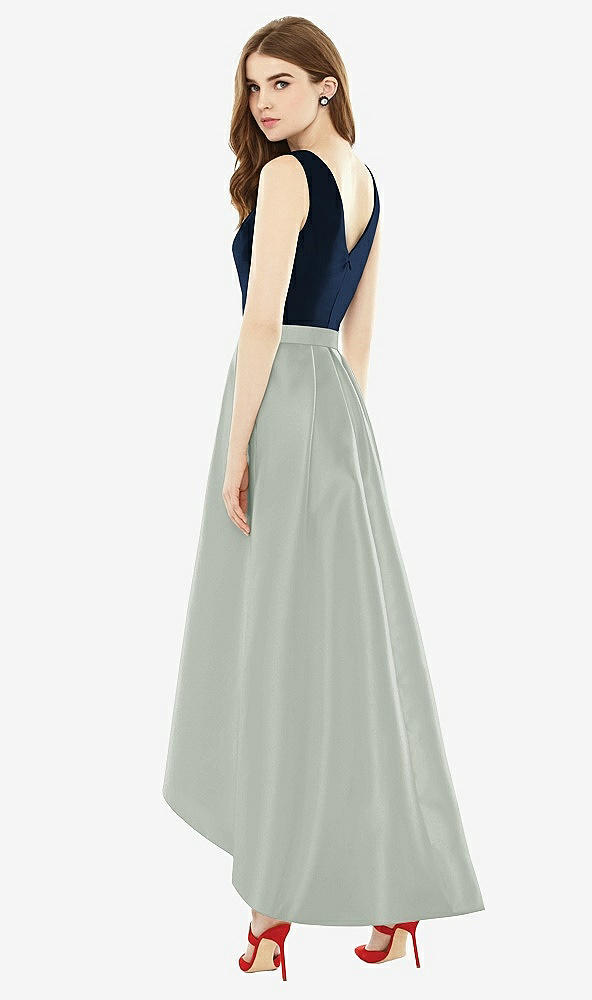 Back View - Willow Green & Midnight Navy Sleeveless Pleated Skirt High Low Dress with Pockets