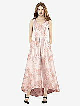 Front View Thumbnail - Bow And Blossom Print Sleeveless Floral Satin High Low Dress with Pockets