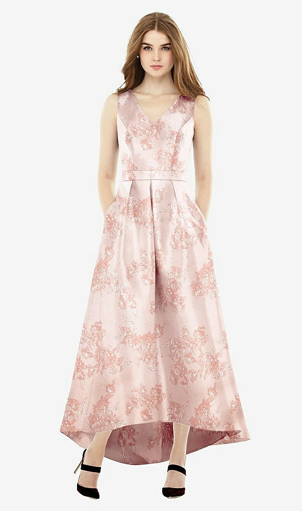 Front View - Bow And Blossom Print Sleeveless Floral Satin High Low Dress with Pockets