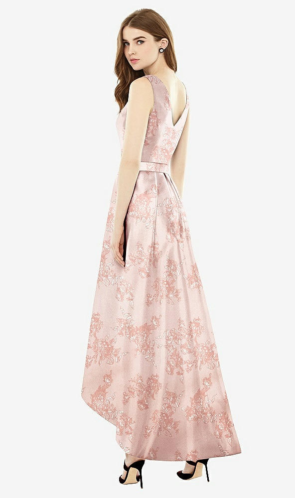 Back View - Bow And Blossom Print Sleeveless Floral Satin High Low Dress with Pockets