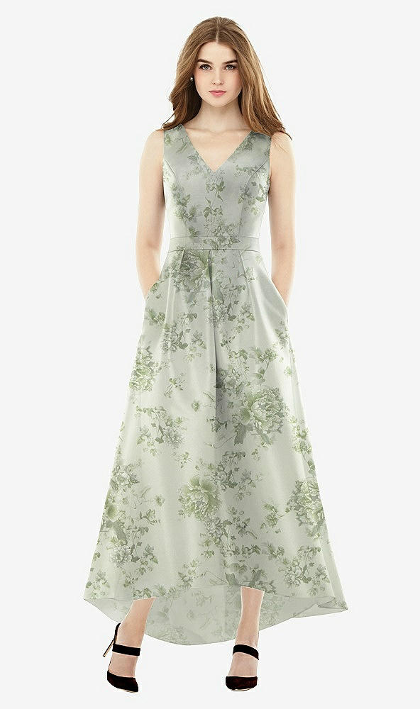 Front View - Cottage Rose Sage Sleeveless Floral Satin High Low Dress with Pockets