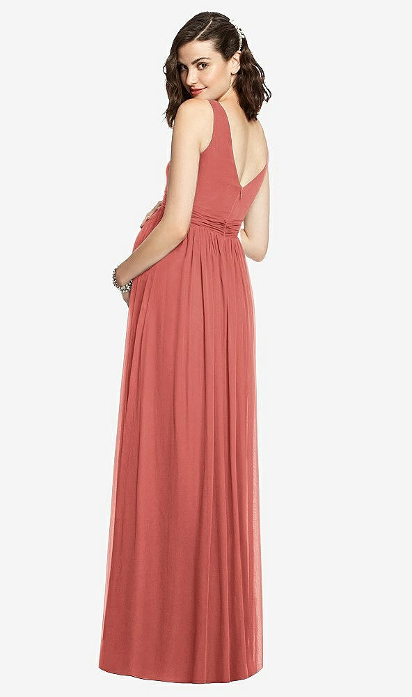 Back View - Coral Pink Sleeveless Notch Maternity Dress