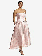 Alt View 1 Thumbnail - Bow And Blossom Print Strapless Floral Satin High Low Dress with Pockets