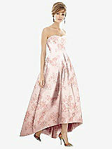 Front View Thumbnail - Bow And Blossom Print Strapless Floral Satin High Low Dress with Pockets