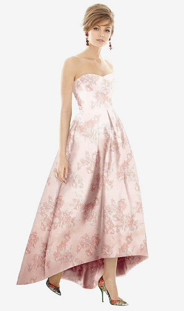 Front View - Bow And Blossom Print Strapless Floral Satin High Low Dress with Pockets