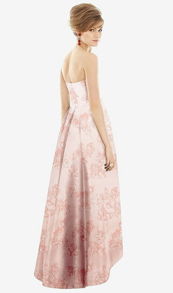 Back View - Bow And Blossom Print Strapless Floral Satin High Low Dress with Pockets