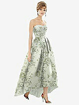 Front View Thumbnail - Cottage Rose Sage Strapless Floral Satin High Low Dress with Pockets