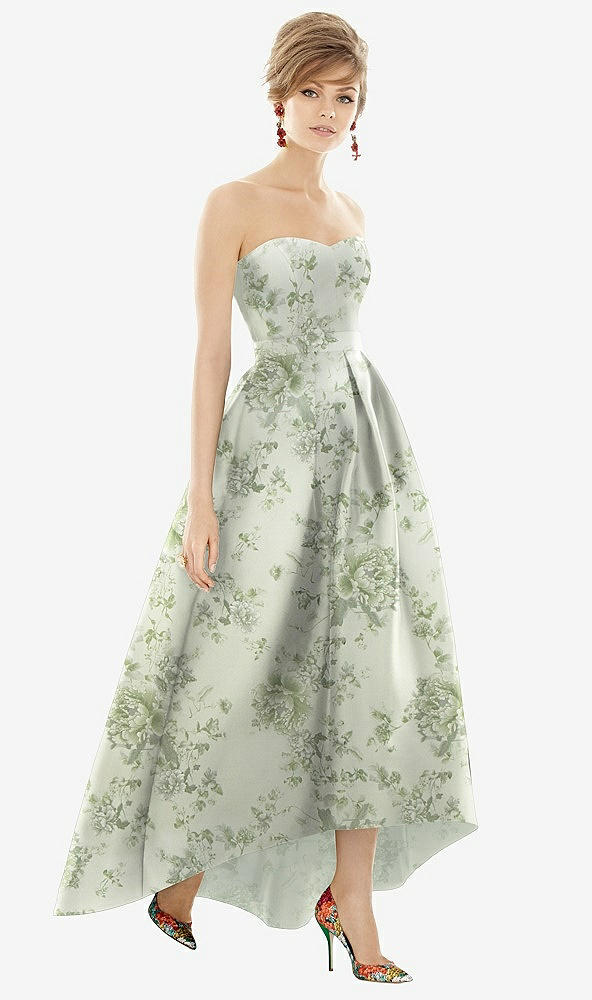 Front View - Cottage Rose Sage Strapless Floral Satin High Low Dress with Pockets