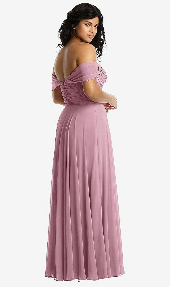 Back View - Dusty Pink Off-the-Shoulder Draped Chiffon Maxi Dress