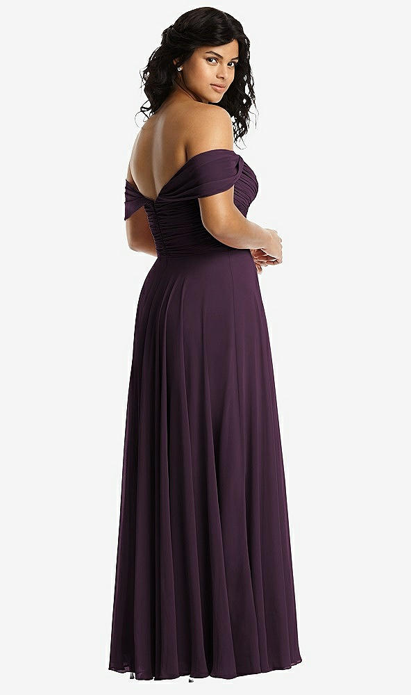 Back View - Aubergine Off-the-Shoulder Draped Chiffon Maxi Dress