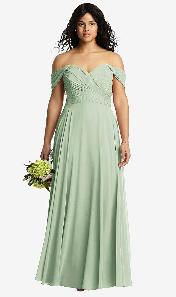 Front View - Celadon Off-the-Shoulder Draped Chiffon Maxi Dress