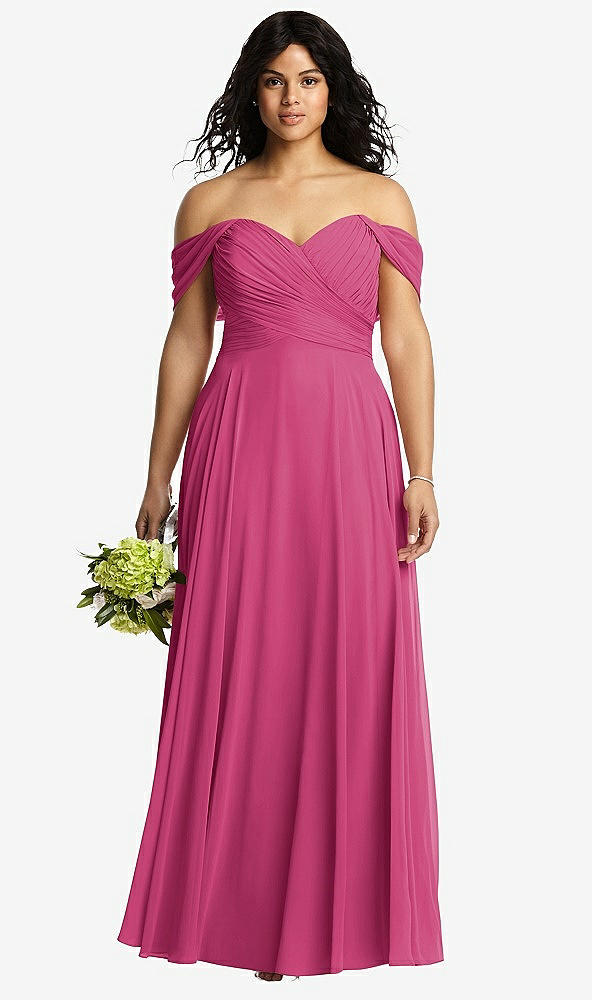 Front View - Tea Rose Off-the-Shoulder Draped Chiffon Maxi Dress