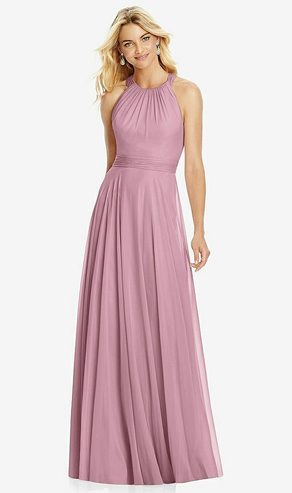 Front View - Dusty Pink Cross Strap Open-Back Halter Maxi Dress