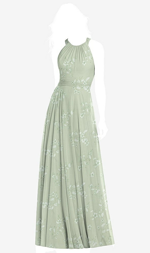 Front View - Vintage Primrose Sage Cross Strap Open-Back Halter Maxi Dress