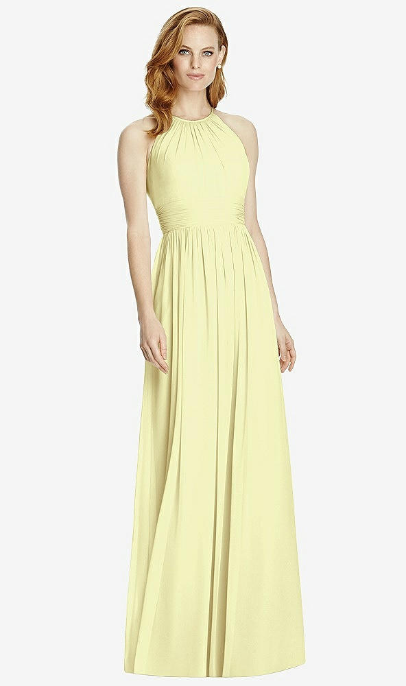 Front View - Butter Yellow Cutout Open-Back Shirred Halter Maxi Dress