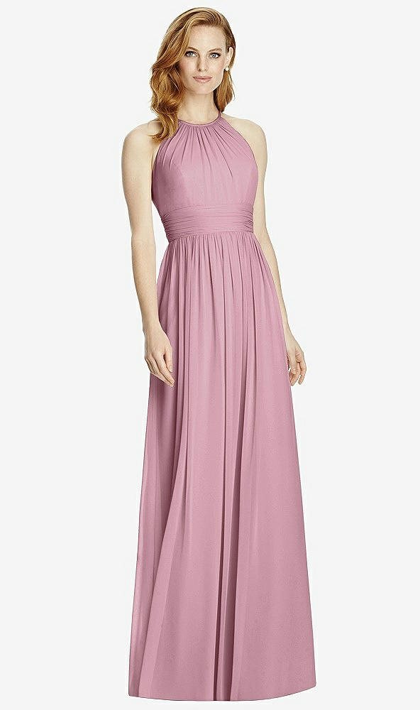 Front View - Dusty Pink Cutout Open-Back Shirred Halter Maxi Dress