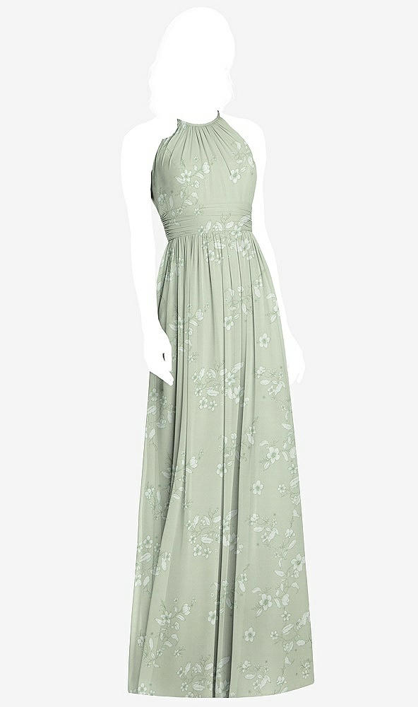 Front View - Vintage Primrose Sage Cutout Open-Back Shirred Halter Maxi Dress