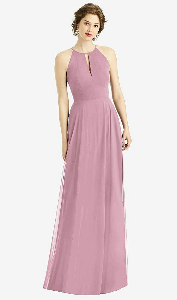 Front View - Dusty Pink Keyhole Halter Chiffon Maxi Dress