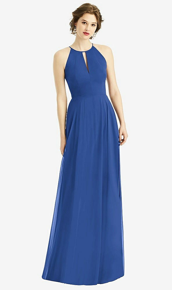 Front View - Classic Blue Keyhole Halter Chiffon Maxi Dress