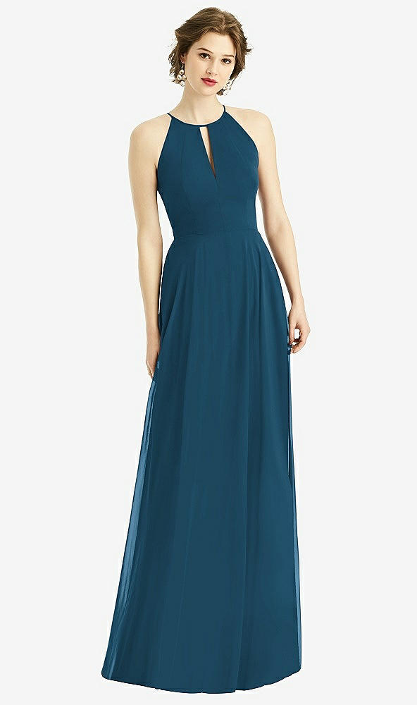 Front View - Atlantic Blue Keyhole Halter Chiffon Maxi Dress