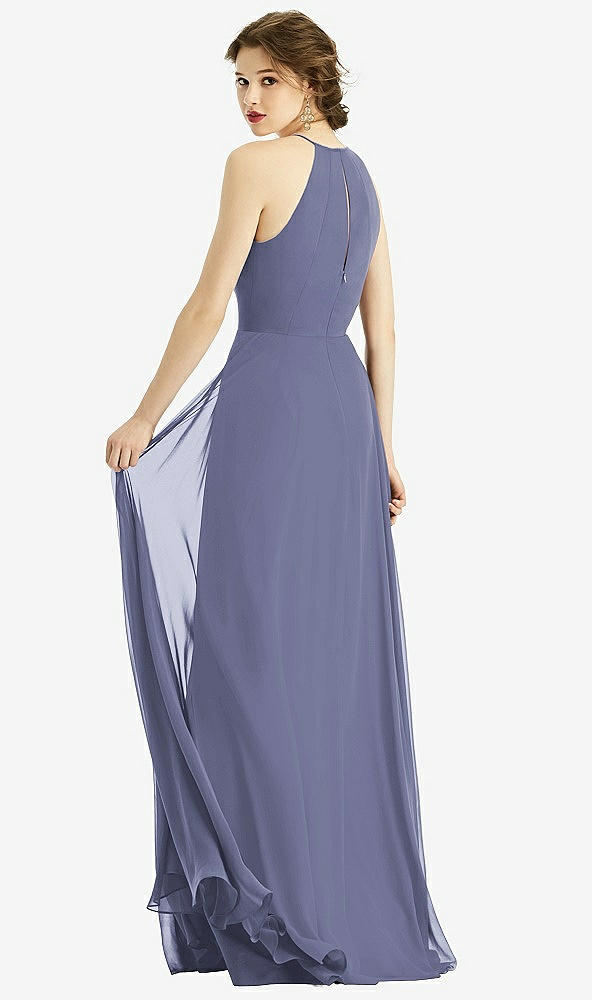 Back View - French Blue Keyhole Halter Chiffon Maxi Dress