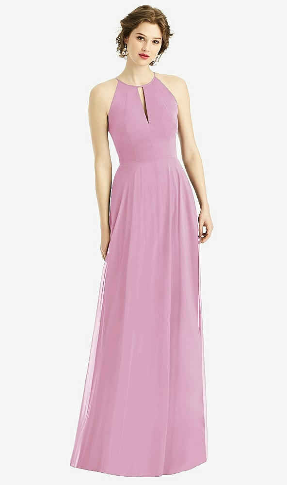 Front View - Powder Pink Keyhole Halter Chiffon Maxi Dress