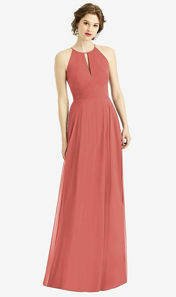 Front View - Coral Pink Keyhole Halter Chiffon Maxi Dress