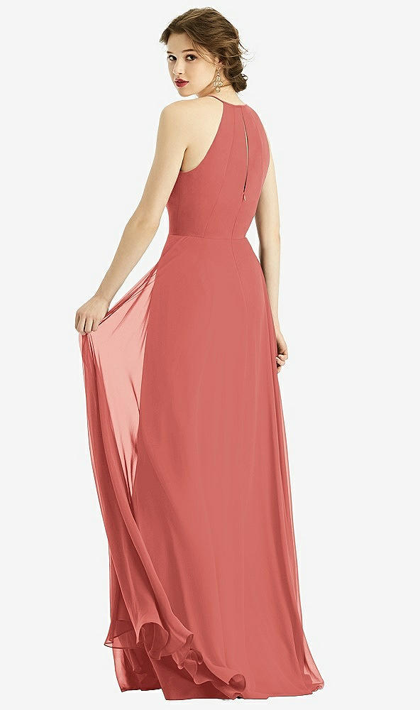 Back View - Coral Pink Keyhole Halter Chiffon Maxi Dress