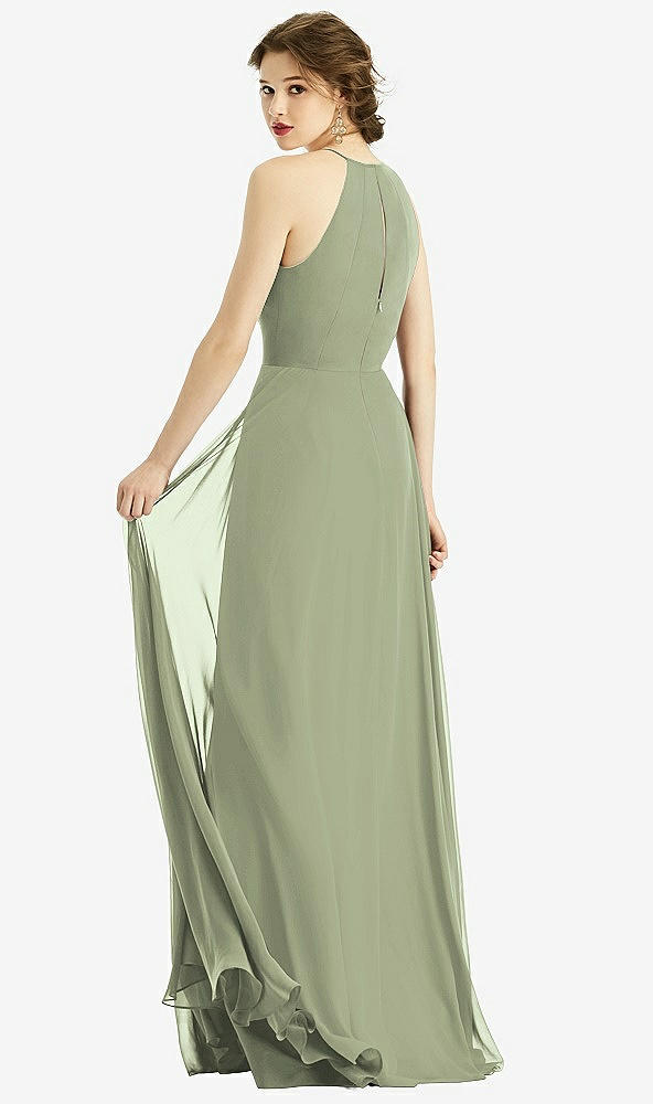 Back View - Sage Keyhole Halter Chiffon Maxi Dress