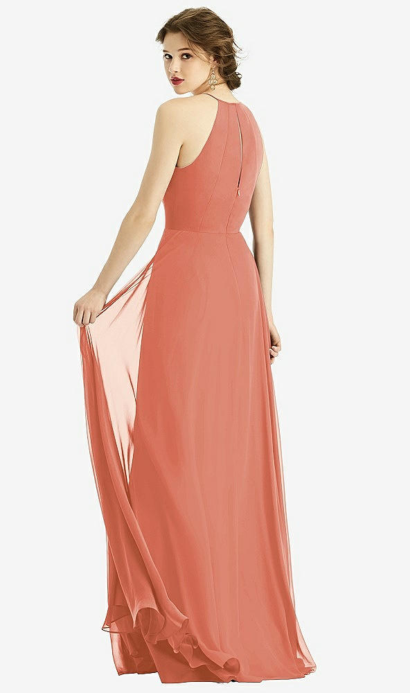 Back View - Terracotta Copper Keyhole Halter Chiffon Maxi Dress