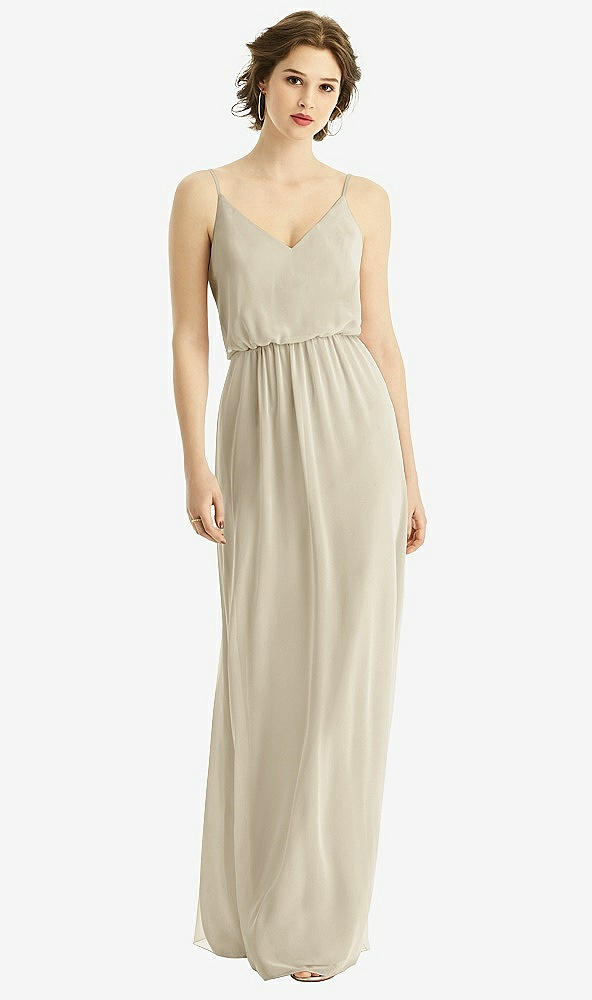 Front View - Champagne V-Neck Blouson Bodice Chiffon Maxi Dress