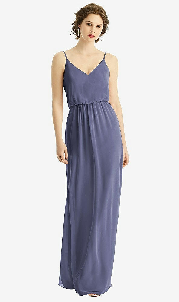 Front View - French Blue V-Neck Blouson Bodice Chiffon Maxi Dress