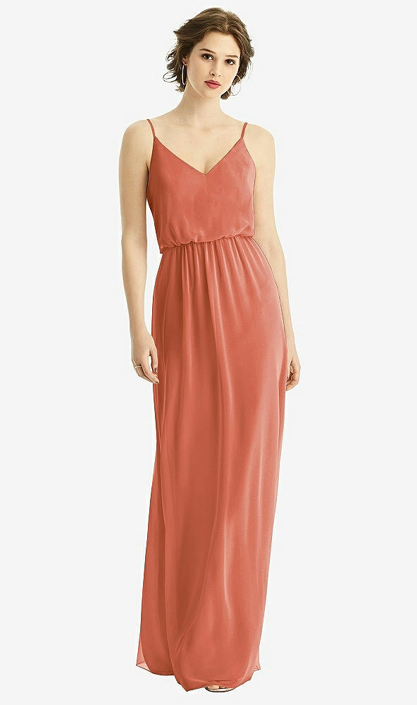 Front View - Terracotta Copper V-Neck Blouson Bodice Chiffon Maxi Dress